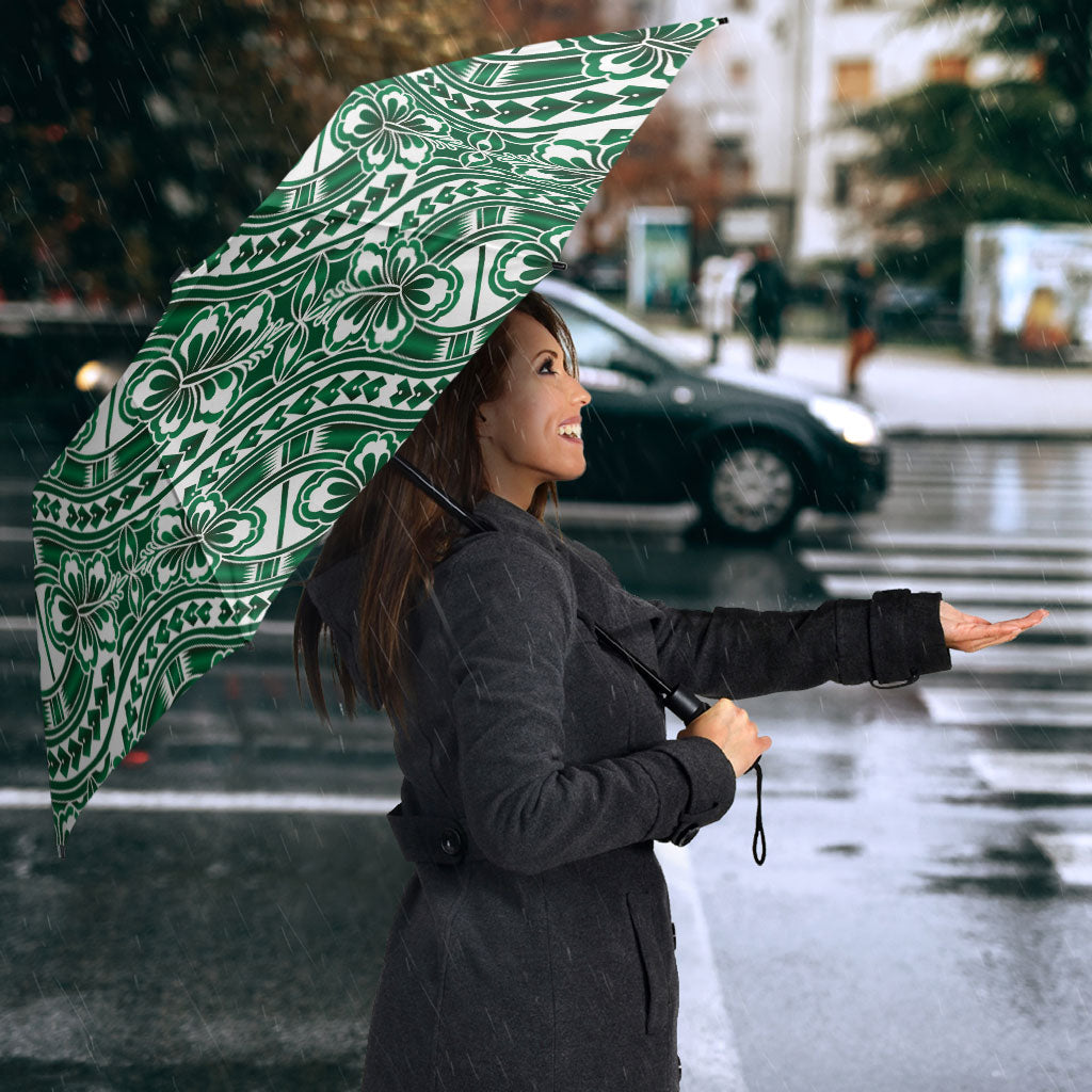 Hibiscus Bloom Island Tribal Waves Umbrella Green Polynesian Pattern