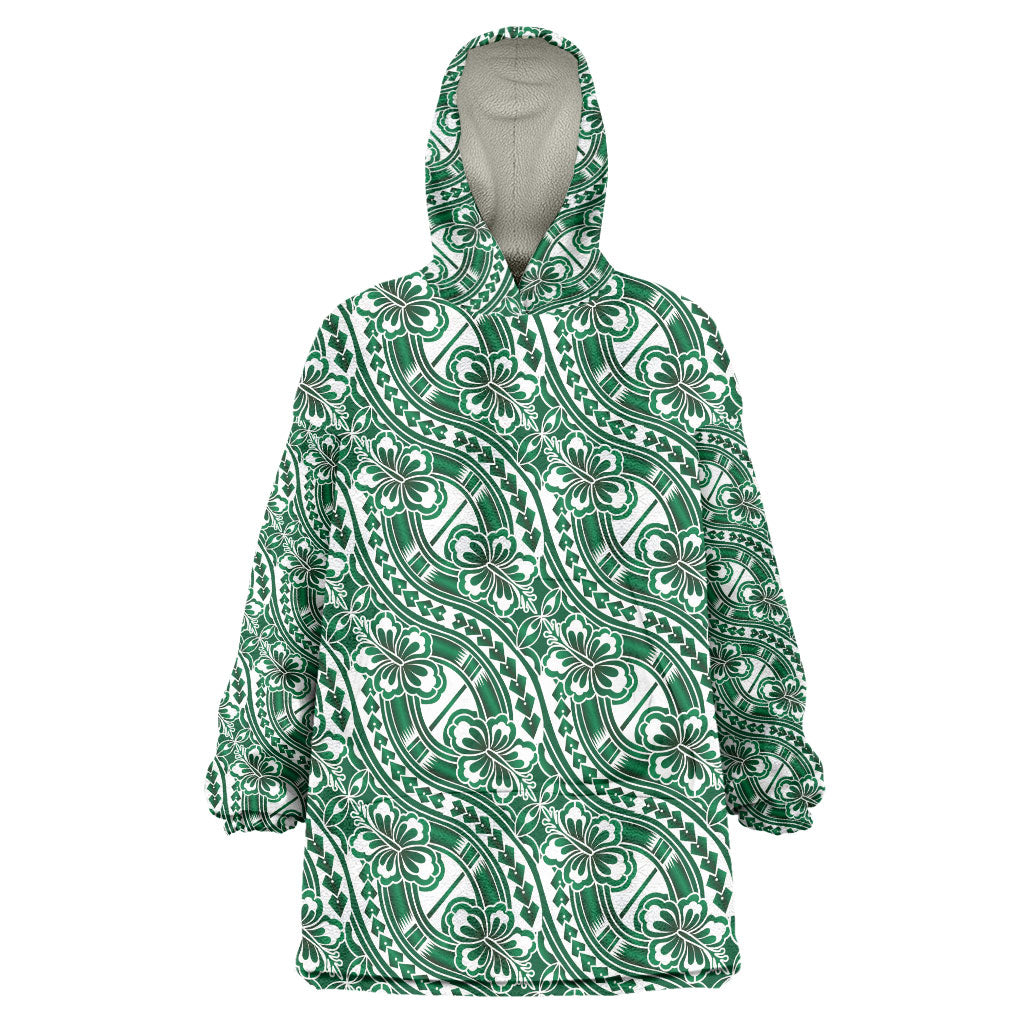 Hibiscus Bloom Island Tribal Waves Wearable Blanket Hoodie Green Polynesian Pattern