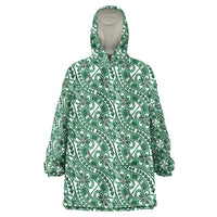 Hibiscus Bloom Island Tribal Waves Wearable Blanket Hoodie Green Polynesian Pattern