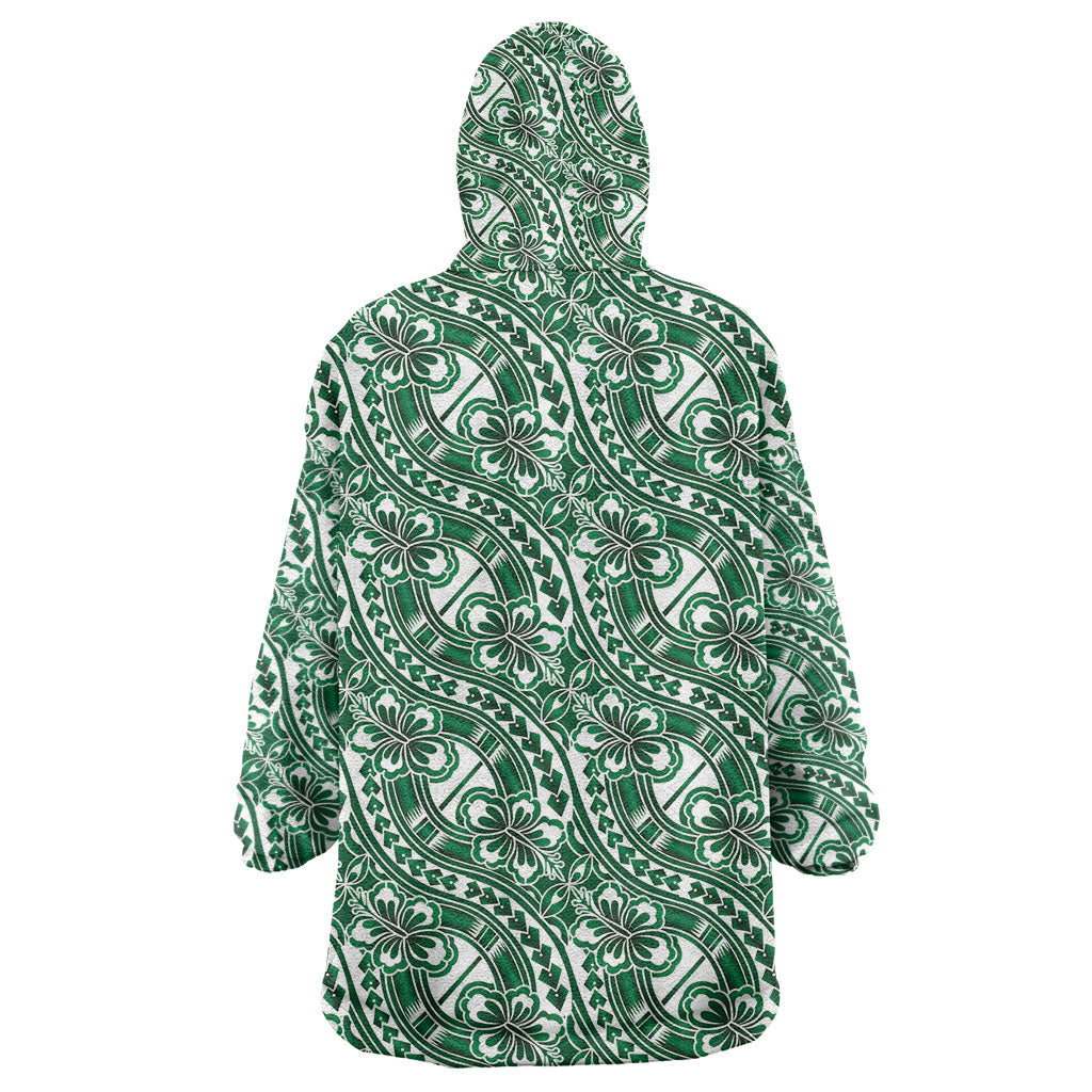 Hibiscus Bloom Island Tribal Waves Wearable Blanket Hoodie Green Polynesian Pattern