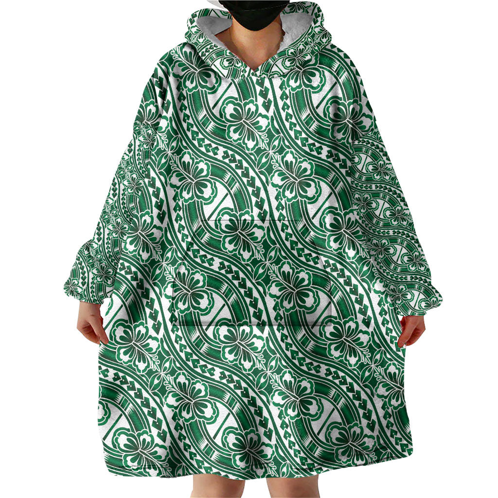 Hibiscus Bloom Island Tribal Waves Wearable Blanket Hoodie Green Polynesian Pattern