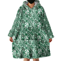 Hibiscus Bloom Island Tribal Waves Wearable Blanket Hoodie Green Polynesian Pattern