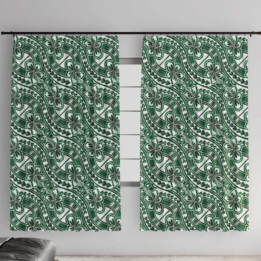 Hibiscus Bloom Island Tribal Waves Window Curtain Green Polynesian Pattern