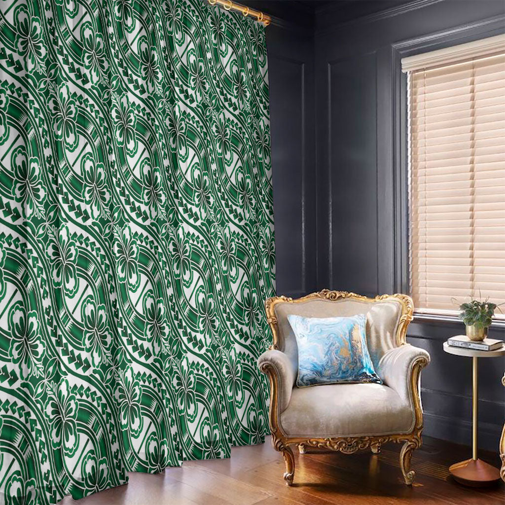 Hibiscus Bloom Island Tribal Waves Window Curtain Green Polynesian Pattern