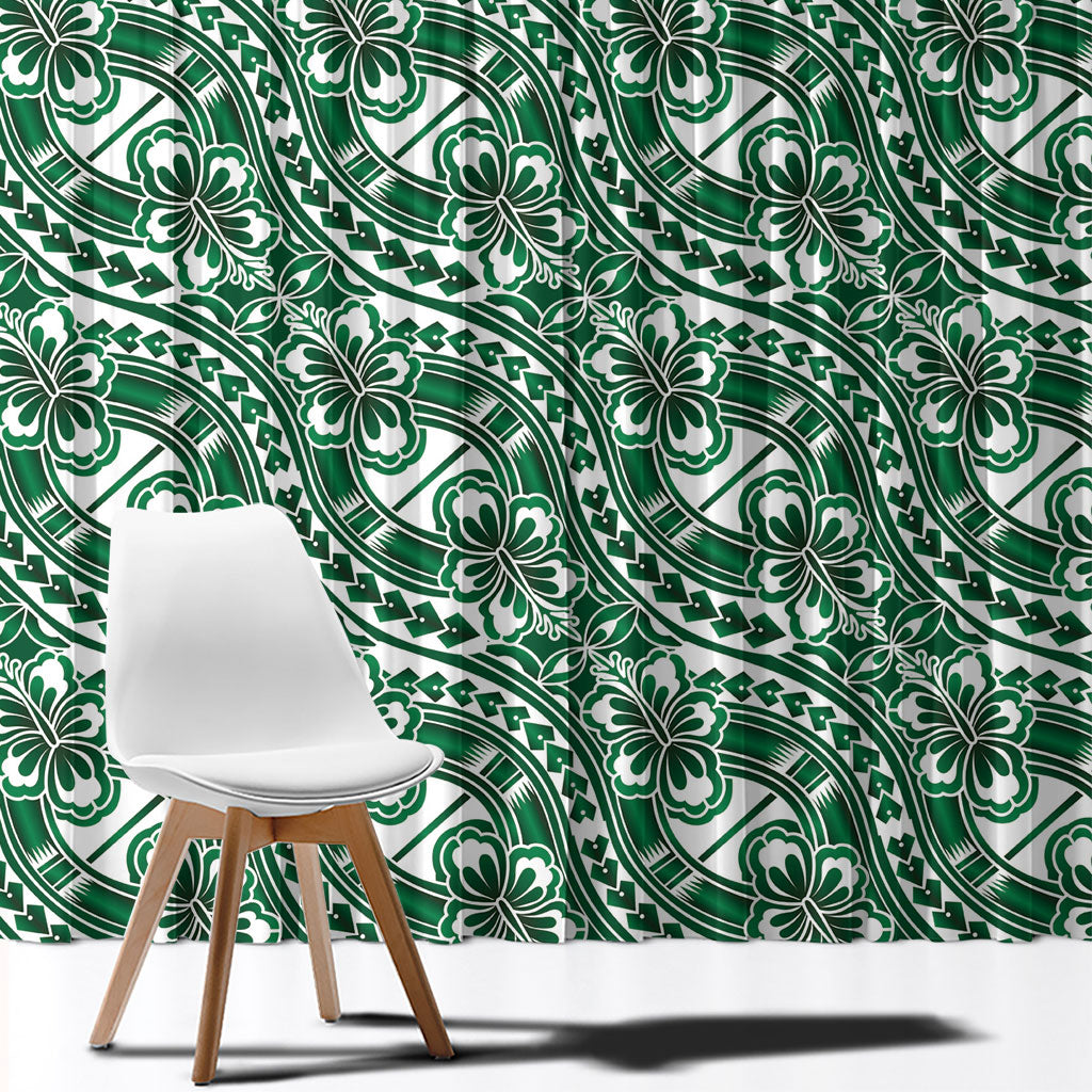 Hibiscus Bloom Island Tribal Waves Window Curtain Green Polynesian Pattern