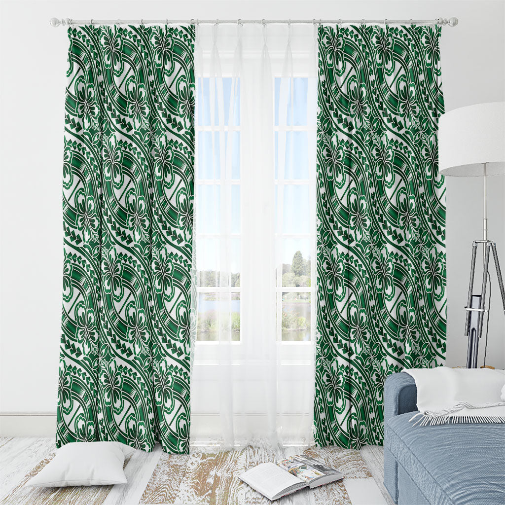 Hibiscus Bloom Island Tribal Waves Window Curtain Green Polynesian Pattern