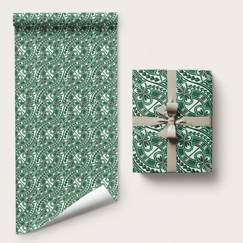 Hibiscus Bloom Island Tribal Waves Wrapping Paper Green Polynesian Pattern