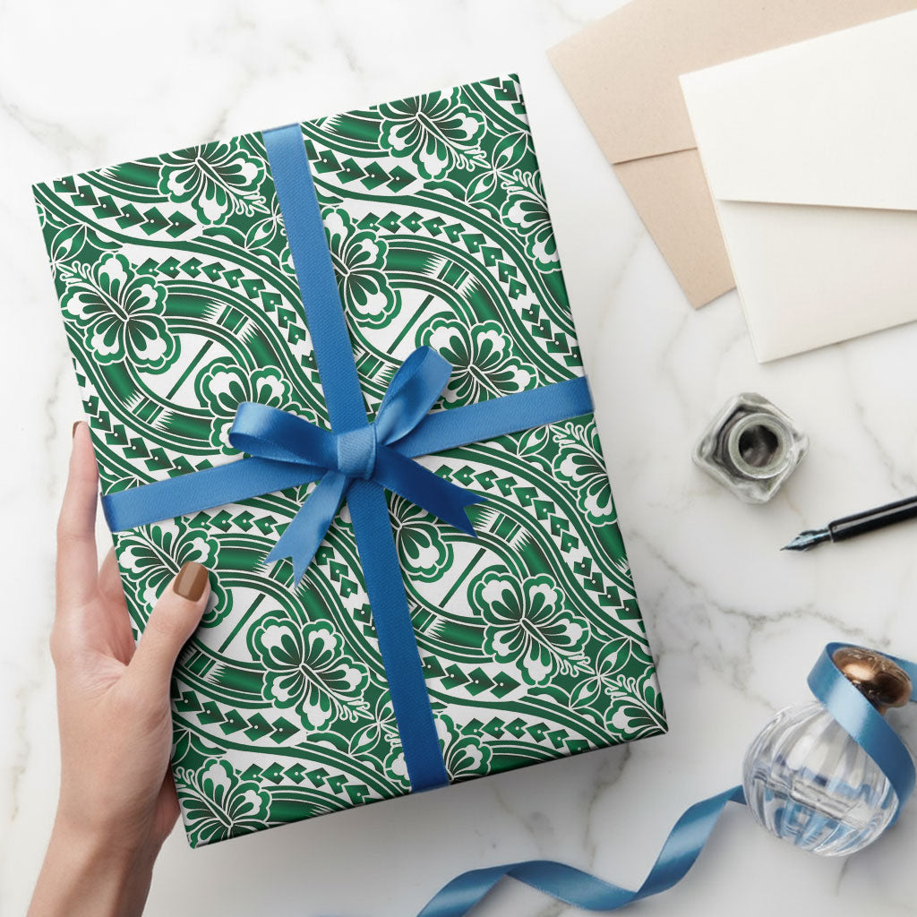 Hibiscus Bloom Island Tribal Waves Wrapping Paper Green Polynesian Pattern