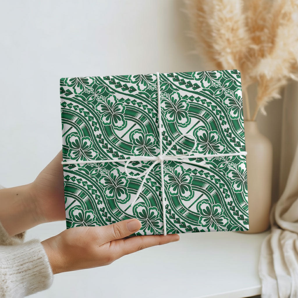 Hibiscus Bloom Island Tribal Waves Wrapping Paper Green Polynesian Pattern