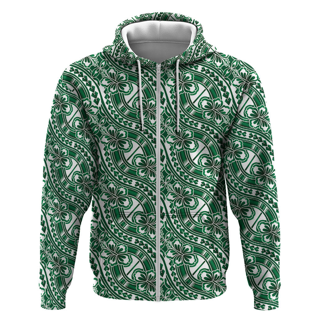 Hibiscus Bloom Island Tribal Waves Zip Hoodie Green Polynesian Pattern
