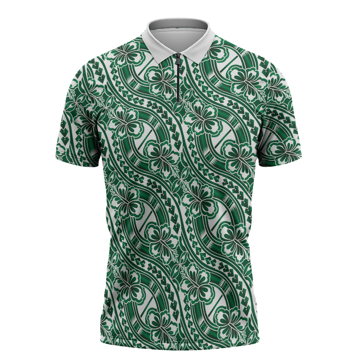 Hibiscus Bloom Island Tribal Waves Zipper Polo Shirt Green Polynesian Pattern LT01 Green - Polynesian Pride