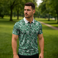 Hibiscus Bloom Island Tribal Waves Zipper Polo Shirt Green Polynesian Pattern LT01 - Polynesian Pride