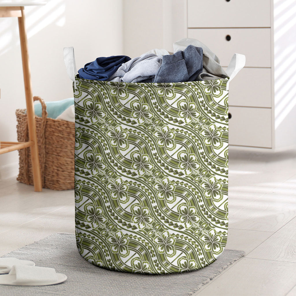 Hibiscus Bloom Island Tribal Waves Laundry Basket Olive Green Polynesian Pattern LT01 Olive Green - Polynesian Pride