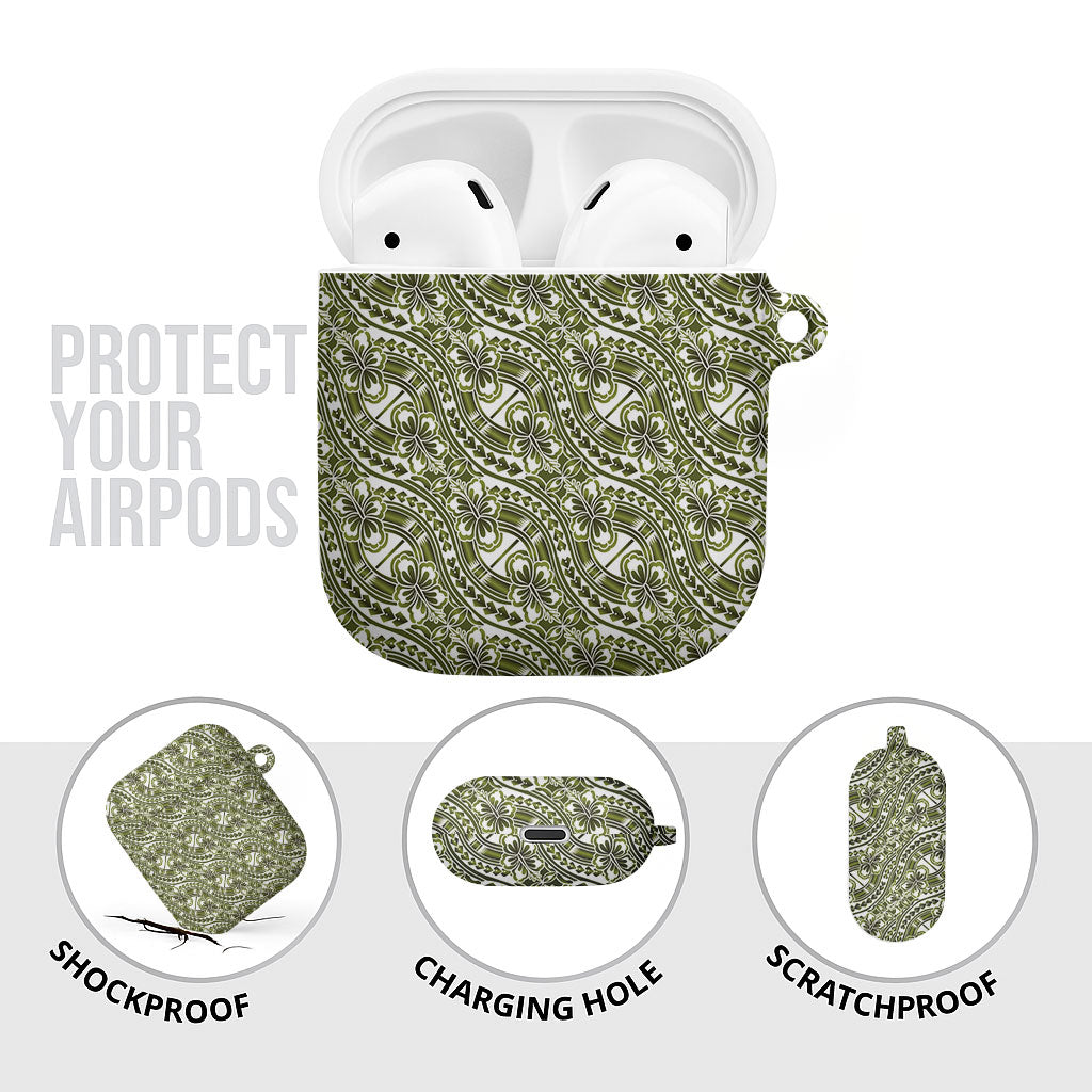 Hibiscus Bloom Island Tribal Waves AirPods Case Olive Green Polynesian Pattern LT01 - Polynesian Pride