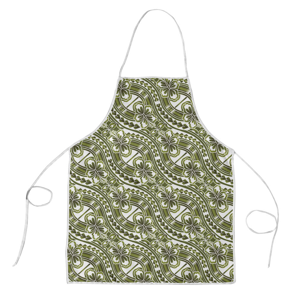 Hibiscus Bloom Island Tribal Waves Apron Olive Green Polynesian Pattern