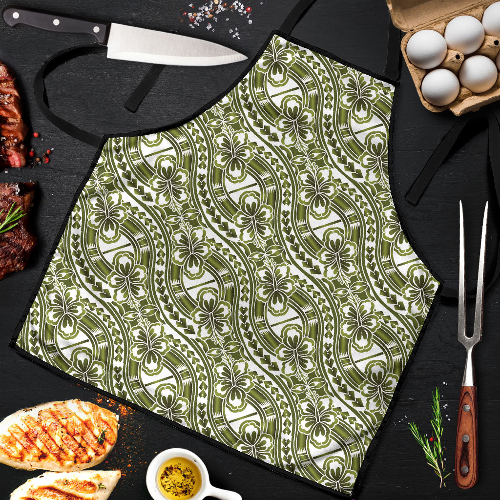 Hibiscus Bloom Island Tribal Waves Apron Olive Green Polynesian Pattern