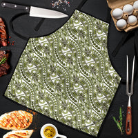 Hibiscus Bloom Island Tribal Waves Apron Olive Green Polynesian Pattern