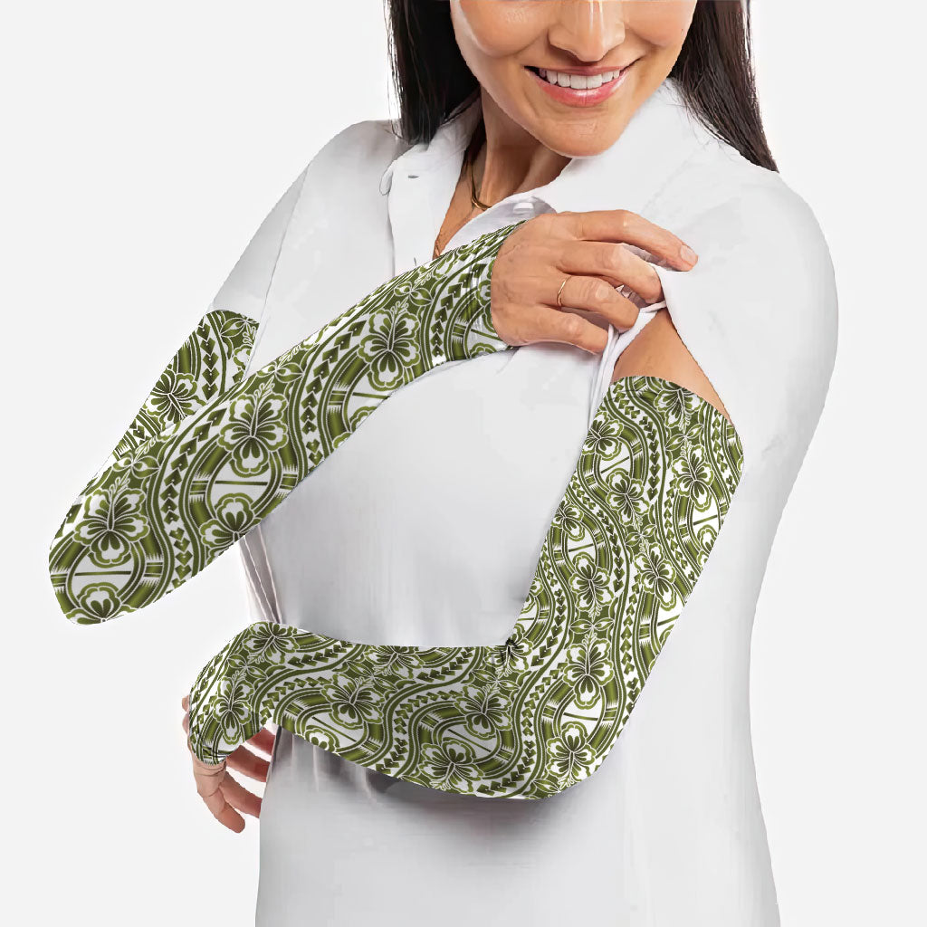 Hibiscus Bloom Island Tribal Waves Arm Sleeves Olive Green Polynesian Pattern LT01 - Polynesian Pride