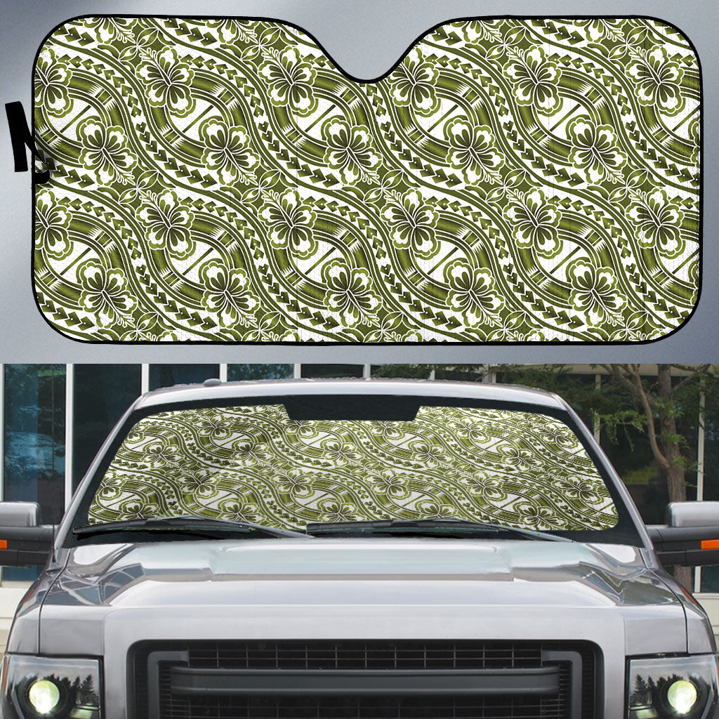 Hibiscus Bloom Island Tribal Waves Auto Sun Shade Olive Green Polynesian Pattern