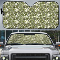 Hibiscus Bloom Island Tribal Waves Auto Sun Shade Olive Green Polynesian Pattern