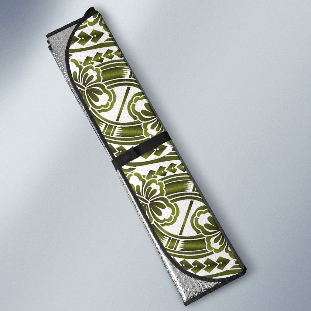 Hibiscus Bloom Island Tribal Waves Auto Sun Shade Olive Green Polynesian Pattern