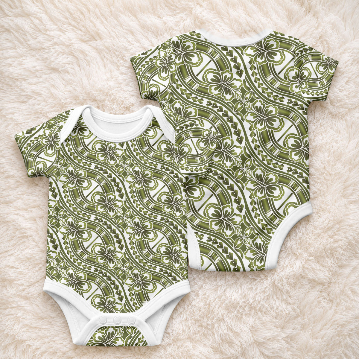 Hibiscus Bloom Island Tribal Waves Baby Onesie Olive Green Polynesian Pattern