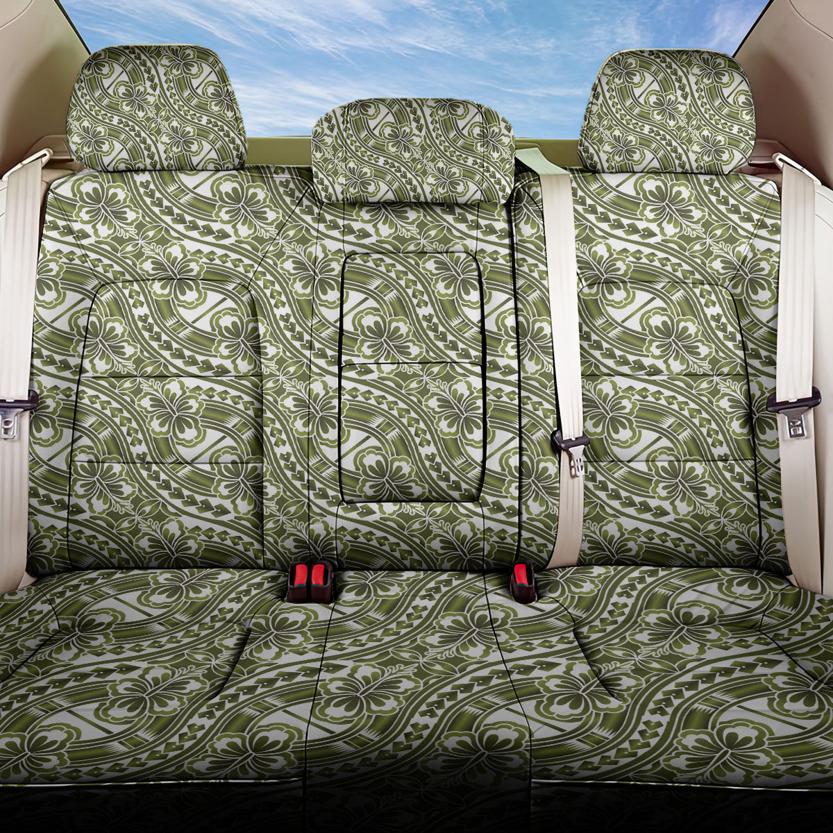 Hibiscus Bloom Island Tribal Waves Back Car Seat Cover Olive Green Polynesian Pattern LT01 One Size Olive Green - Polynesian Pride