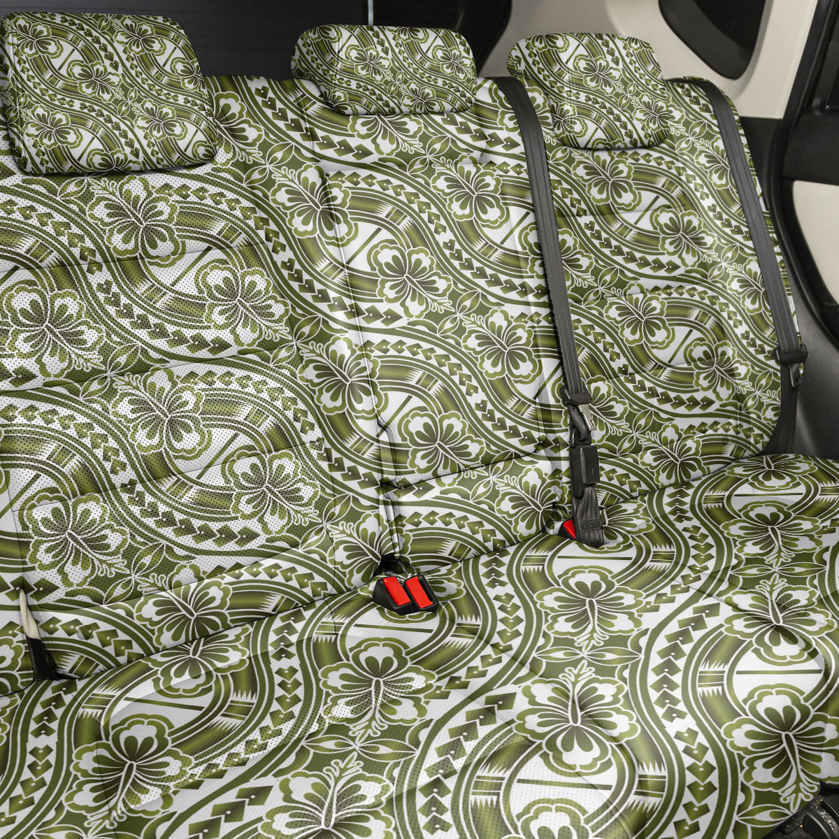 Hibiscus Bloom Island Tribal Waves Back Car Seat Cover Olive Green Polynesian Pattern LT01 - Polynesian Pride