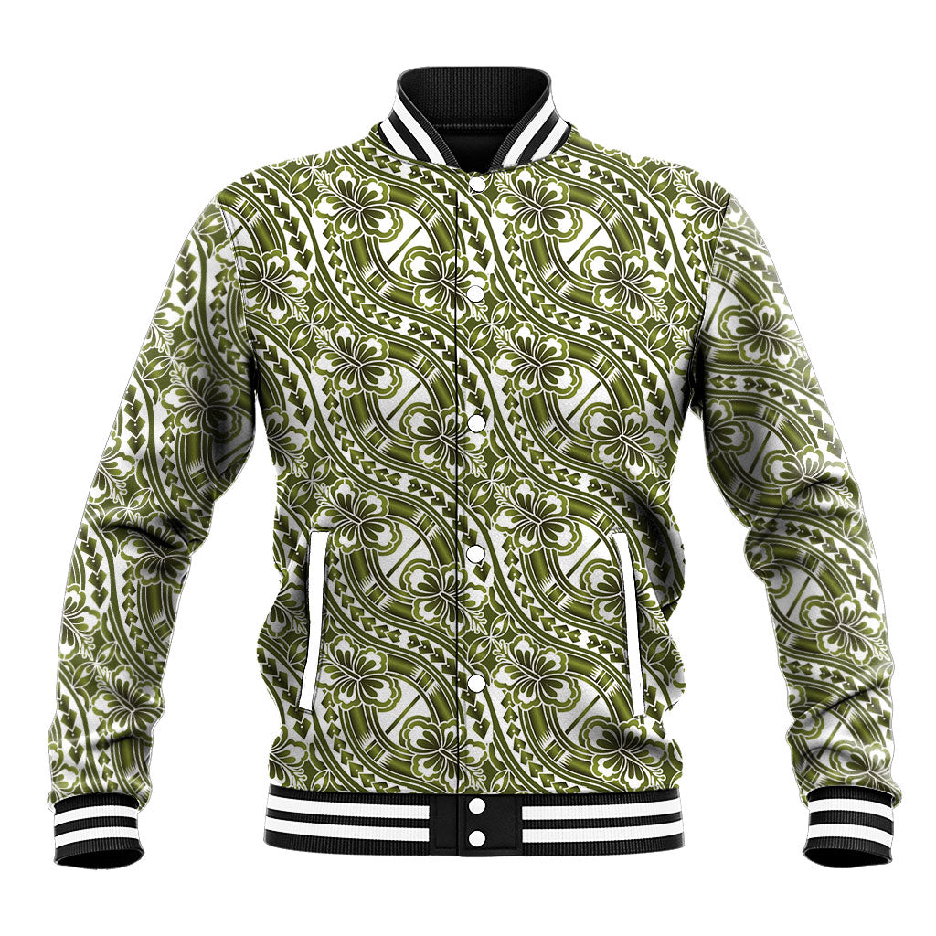 Hibiscus Bloom Island Tribal Waves Baseball Jacket Olive Green Polynesian Pattern