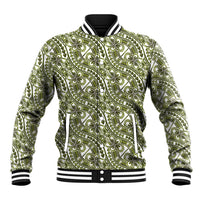 Hibiscus Bloom Island Tribal Waves Baseball Jacket Olive Green Polynesian Pattern
