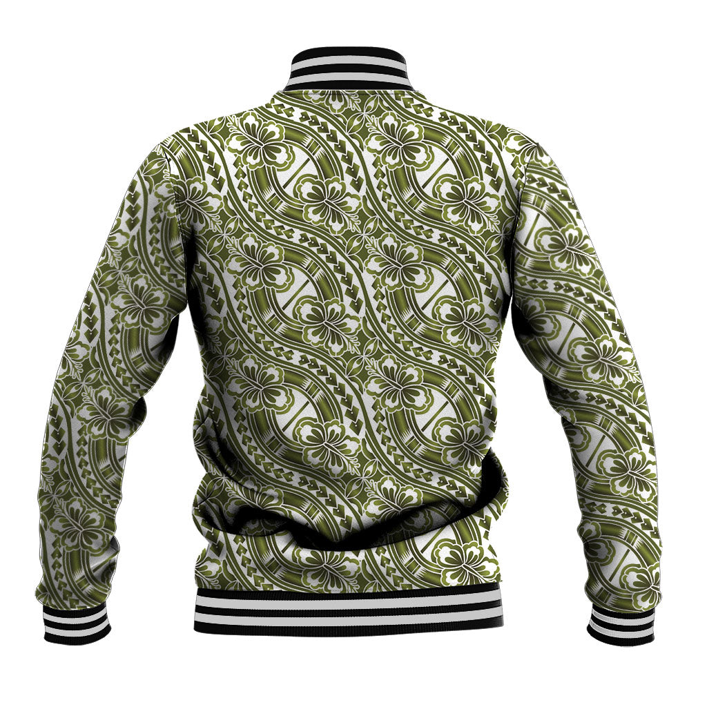 Hibiscus Bloom Island Tribal Waves Baseball Jacket Olive Green Polynesian Pattern