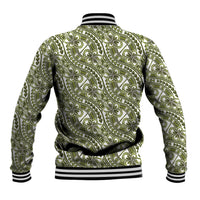 Hibiscus Bloom Island Tribal Waves Baseball Jacket Olive Green Polynesian Pattern