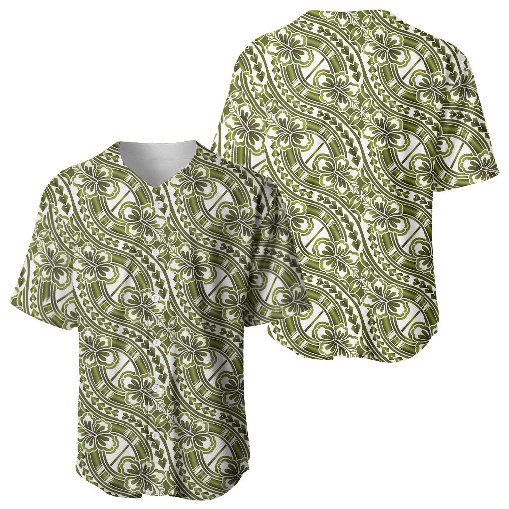 Hibiscus Bloom Island Tribal Waves Baseball Jersey Olive Green Polynesian Pattern LT01 - Polynesian Pride