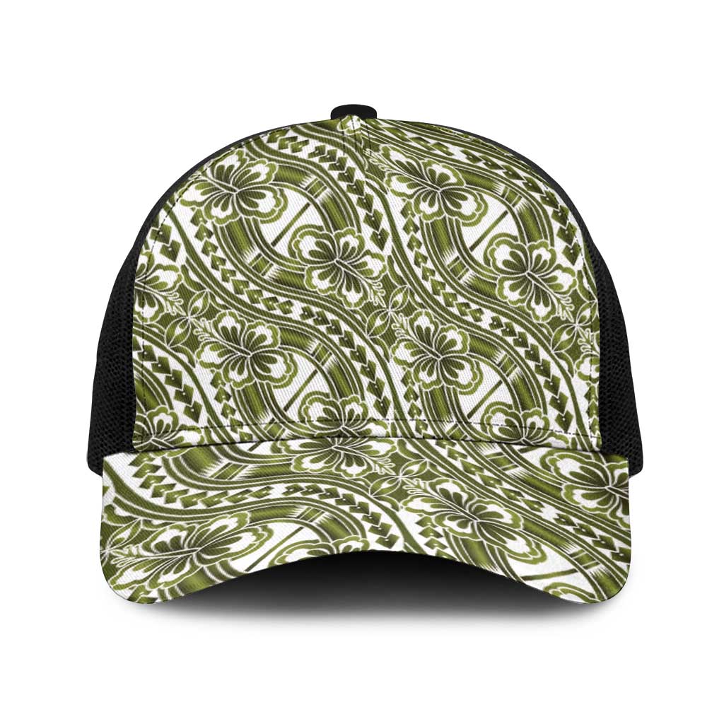 Hibiscus Bloom Island Tribal Waves Baseball Net Cap Olive Green Polynesian Pattern