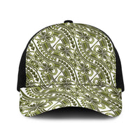 Hibiscus Bloom Island Tribal Waves Baseball Net Cap Olive Green Polynesian Pattern