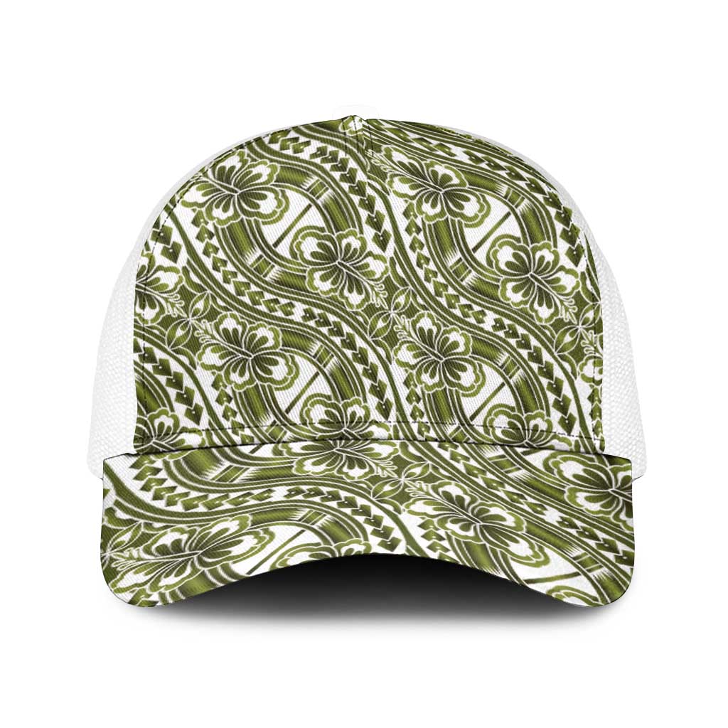 Hibiscus Bloom Island Tribal Waves Baseball Net Cap Olive Green Polynesian Pattern