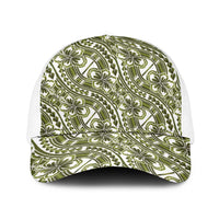Hibiscus Bloom Island Tribal Waves Baseball Net Cap Olive Green Polynesian Pattern
