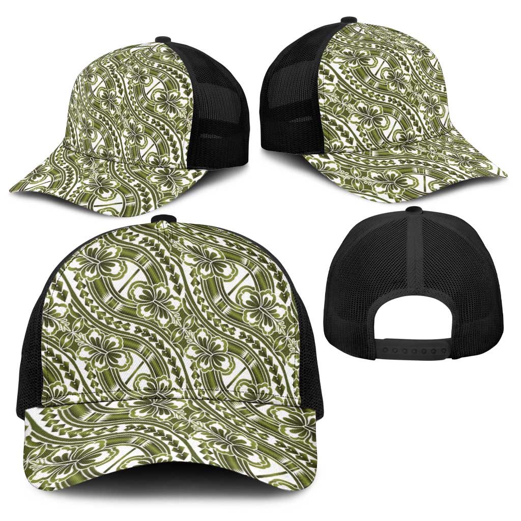 Hibiscus Bloom Island Tribal Waves Baseball Net Cap Olive Green Polynesian Pattern
