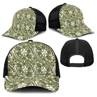 Hibiscus Bloom Island Tribal Waves Baseball Net Cap Olive Green Polynesian Pattern