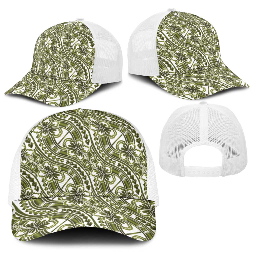 Hibiscus Bloom Island Tribal Waves Baseball Net Cap Olive Green Polynesian Pattern