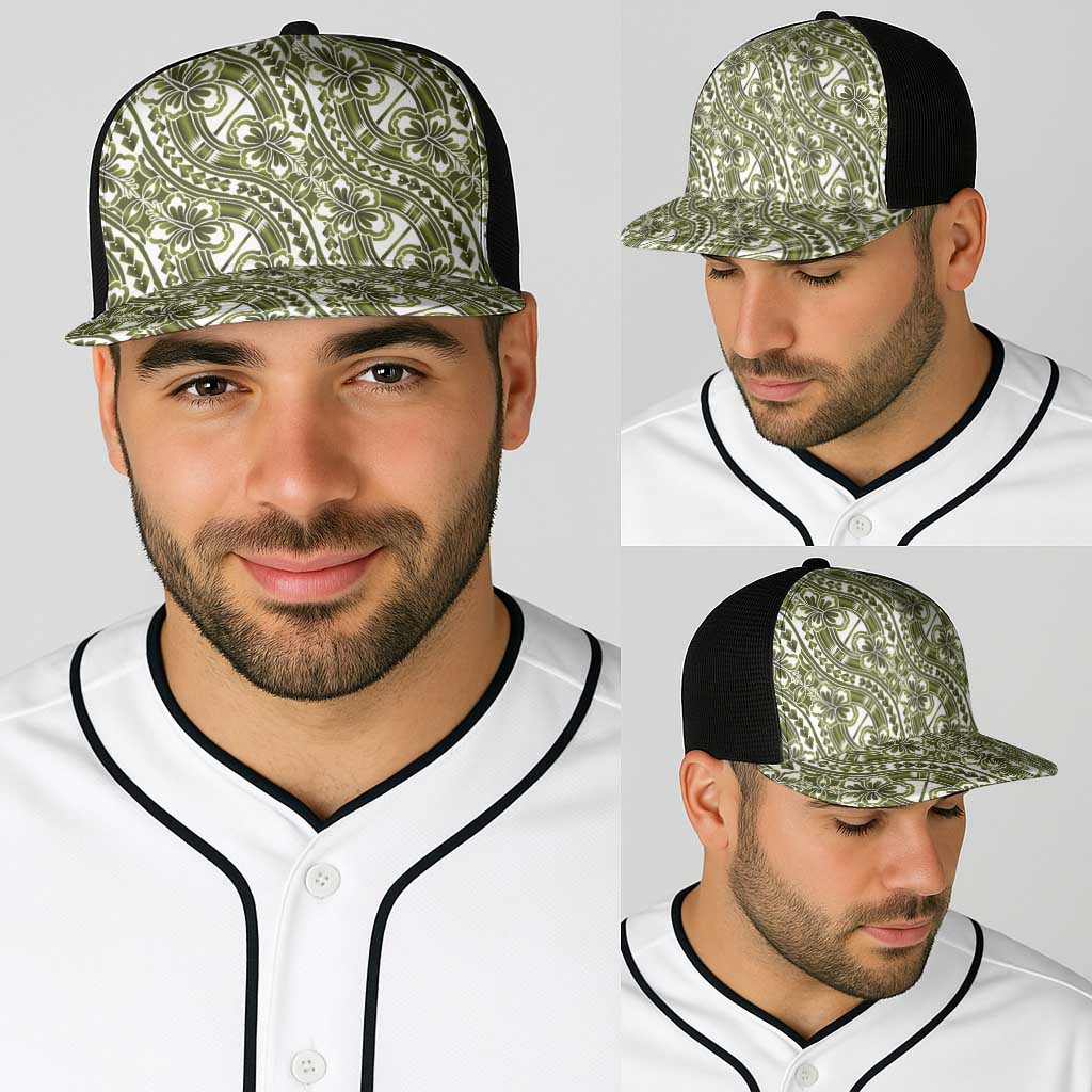 Hibiscus Bloom Island Tribal Waves Baseball Net Cap Olive Green Polynesian Pattern