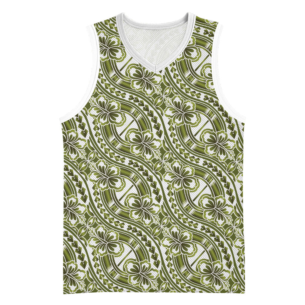 Hibiscus Bloom Island Tribal Waves Basketball Jersey Olive Green Polynesian Pattern LT01 Unisex Olive Green - Polynesian Pride