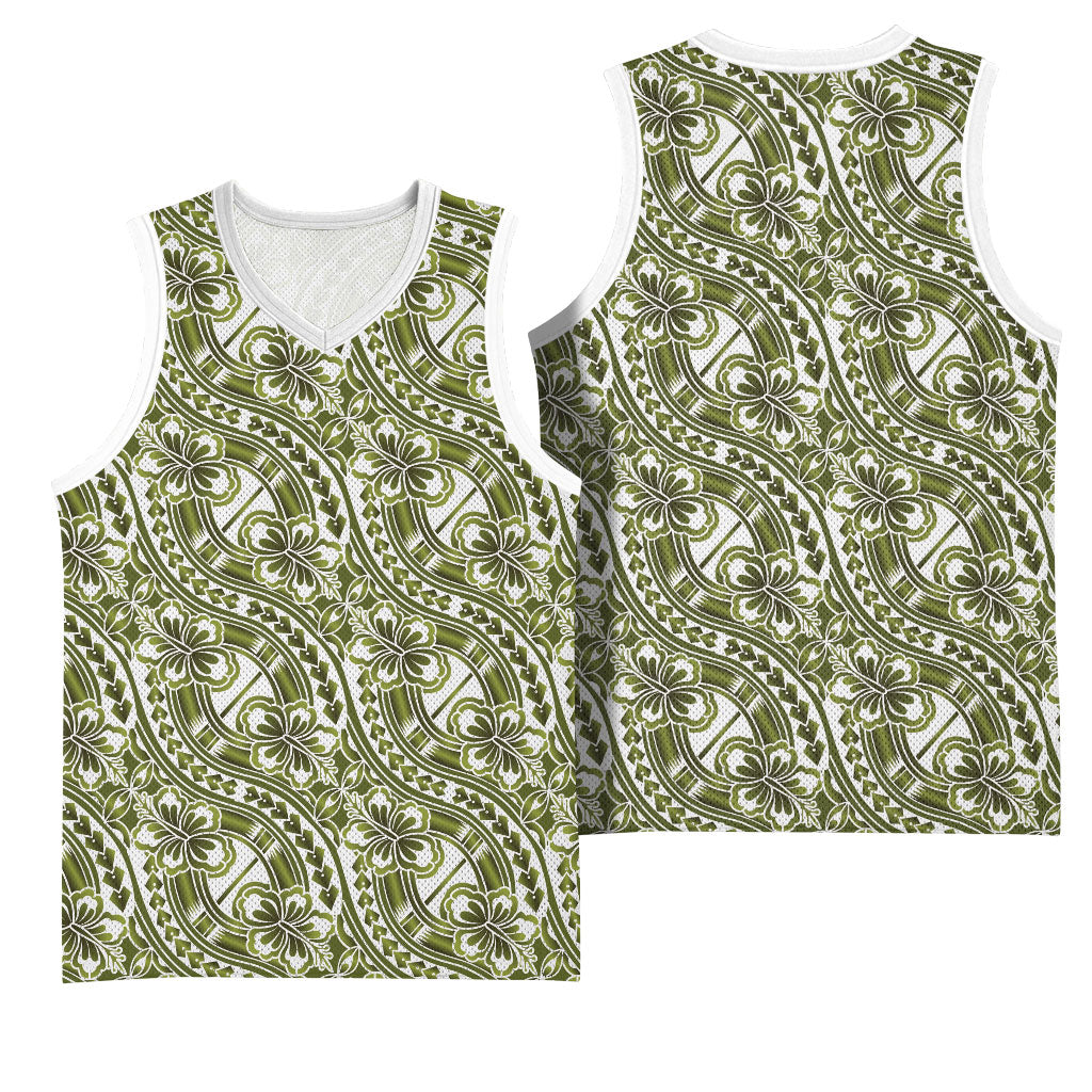 Hibiscus Bloom Island Tribal Waves Basketball Jersey Olive Green Polynesian Pattern LT01 - Polynesian Pride