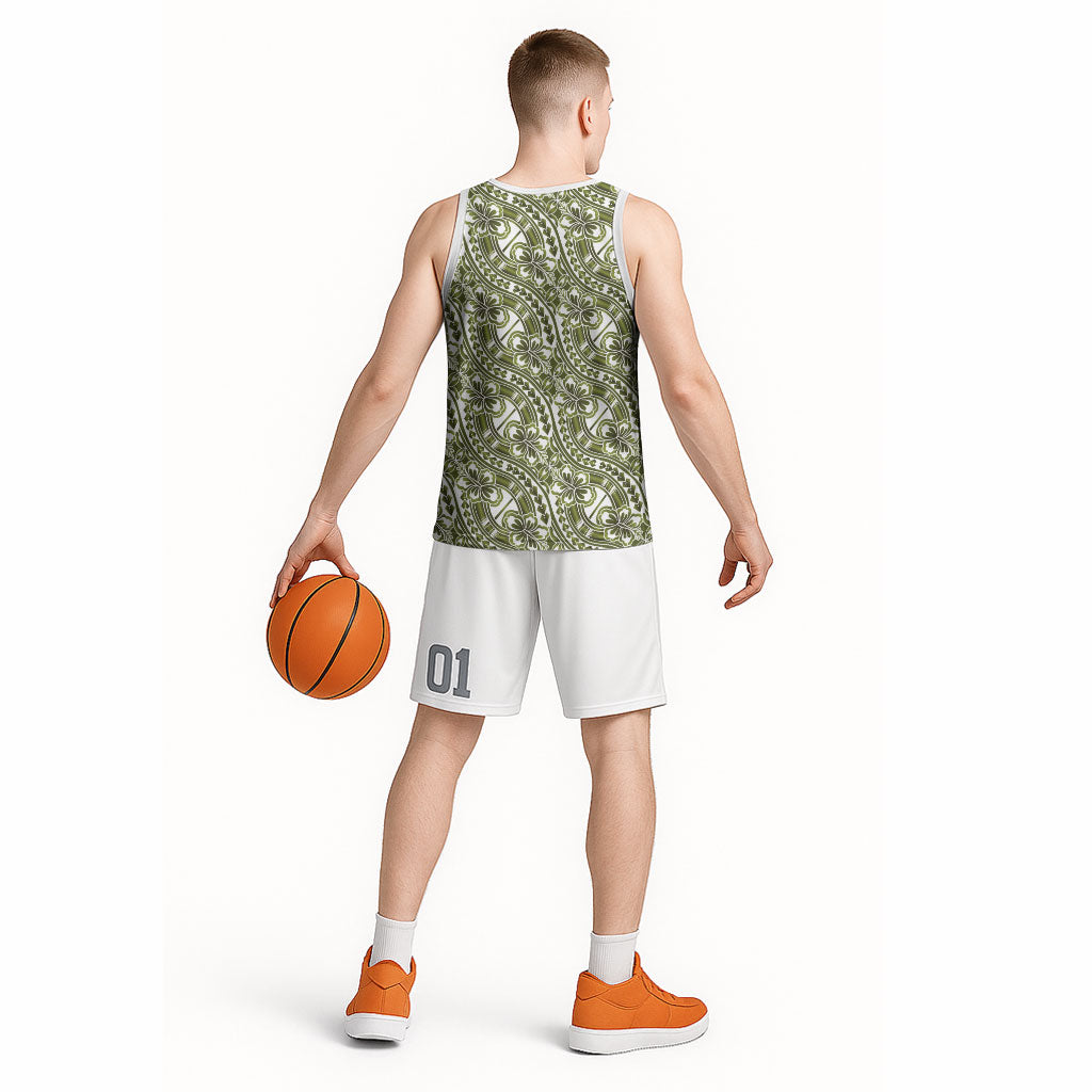 Hibiscus Bloom Island Tribal Waves Basketball Jersey Olive Green Polynesian Pattern LT01 - Polynesian Pride