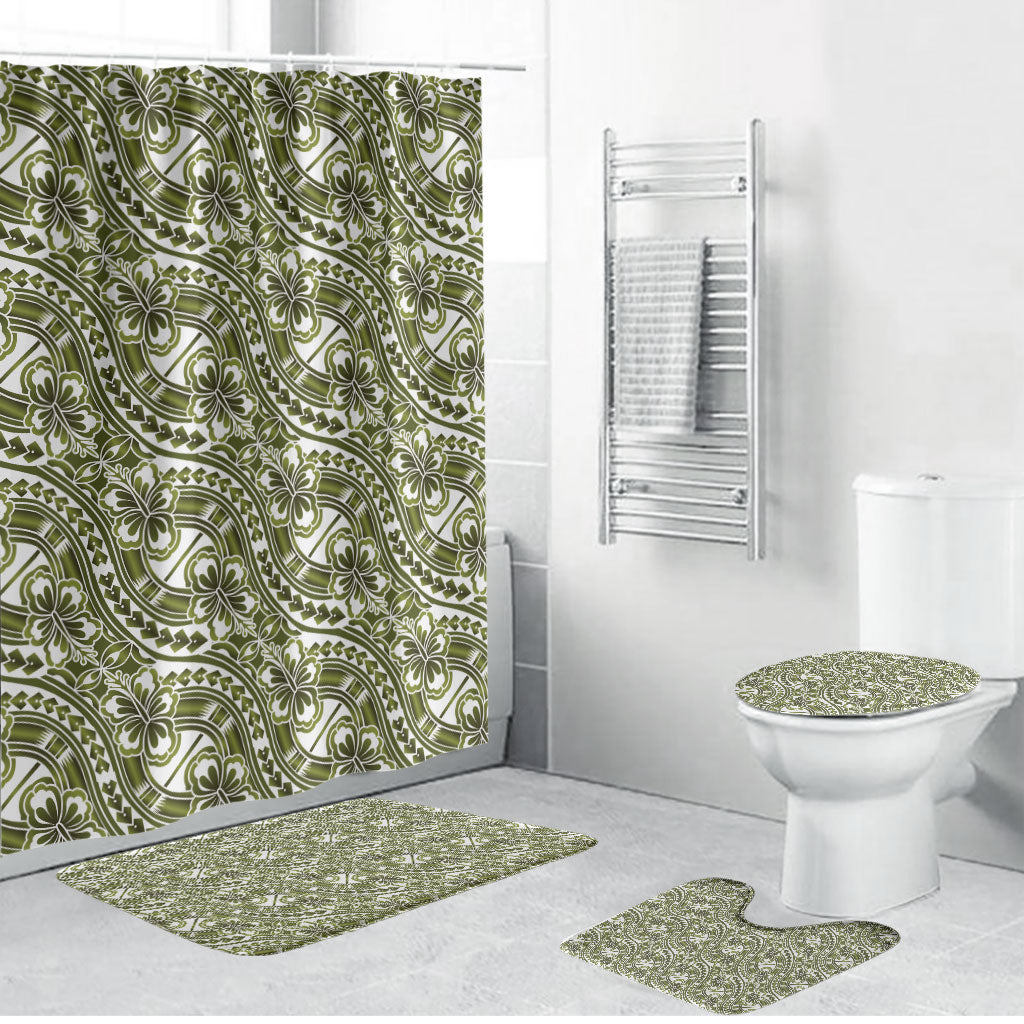 Hibiscus Bloom Island Tribal Waves Bathroom Set Olive Green Polynesian Pattern LT01 Bathroom Set (4 pcs) Olive Green - Polynesian Pride