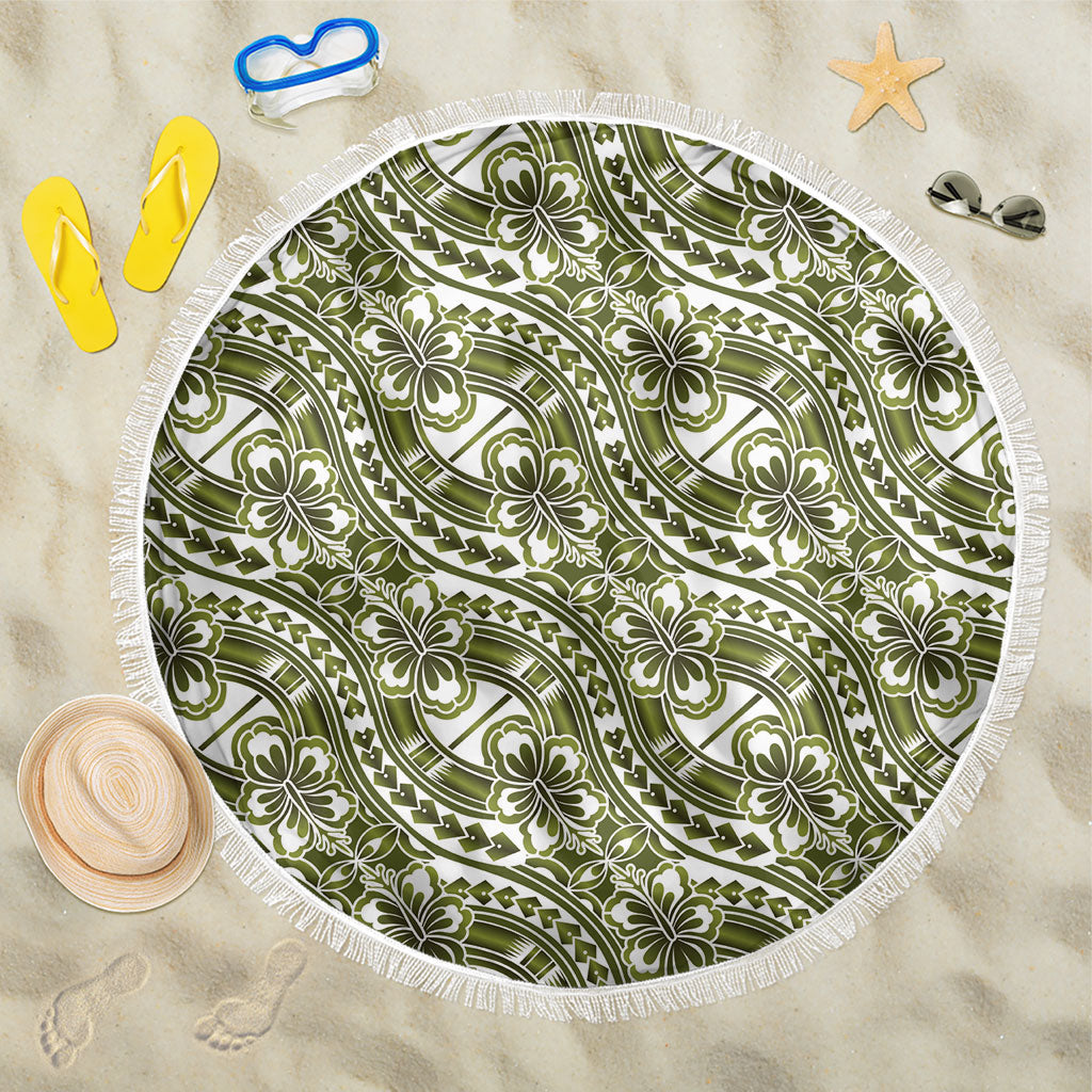 Hibiscus Bloom Island Tribal Waves Beach Blanket Olive Green Polynesian Pattern