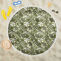 Hibiscus Bloom Island Tribal Waves Beach Blanket Olive Green Polynesian Pattern