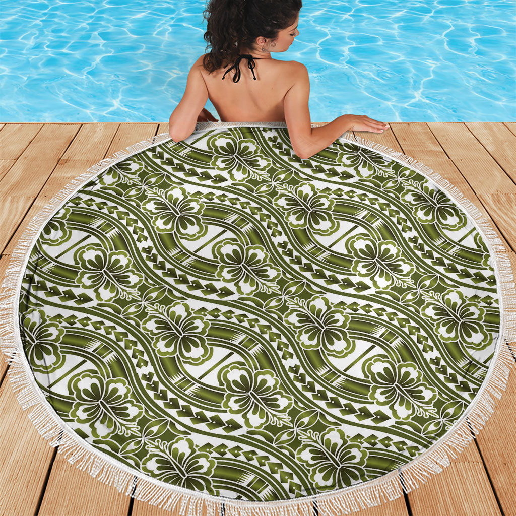 Hibiscus Bloom Island Tribal Waves Beach Blanket Olive Green Polynesian Pattern