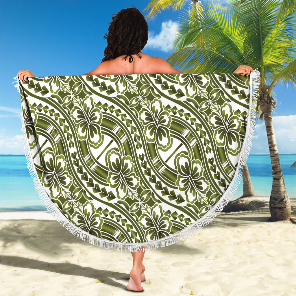 Hibiscus Bloom Island Tribal Waves Beach Blanket Olive Green Polynesian Pattern