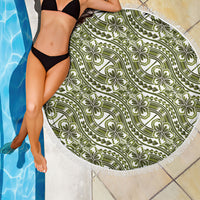 Hibiscus Bloom Island Tribal Waves Beach Blanket Olive Green Polynesian Pattern